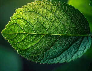 Close-up view of a green leaf, backlit to showcase its intricate venation pattern