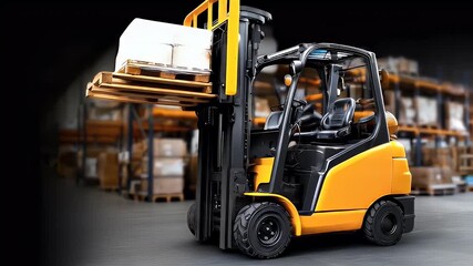 Industrial forklift lifting pallet in warehouse - Powered by Adobe