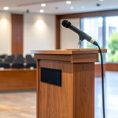 A close-up shot of a wooden podium with a microphone attached, positioned in a spacious conference room setting