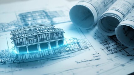 Architectural plan showing detailed design of a commercial building structure in modern architectural style