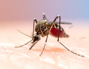 Close-up view of a mosquito feeding, showing abdomen filled with blood on skin