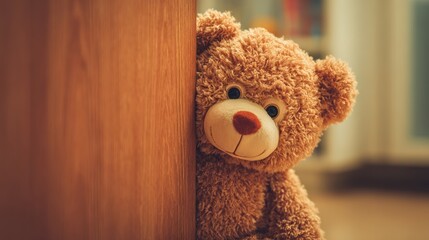 Cute brown Teddy bear toy sneak behind the door and surprise to congratulate the special day holiday festivals. game child, day care, welcome, kid day, shy childhood, party funny, generate by AI.