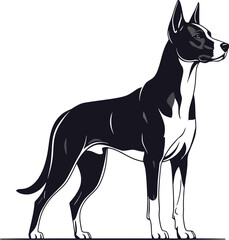 Elegant black and white illustration of a majestic dog in a proud standing profile, showcasing its sleek and strong form, ideal for modern pet-themed designs