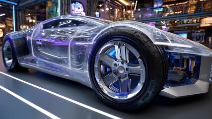 Transparent futuristic vehicle design with cyberpunk lighting and dynamic lines - Powered by Adobe