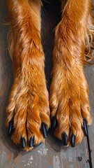 Close-up shows furry, amber dog paws with dark claws resting on a aged wooden floor