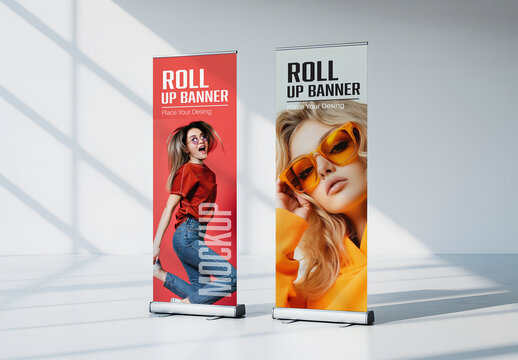 Dual Roll Up Banner Mockup with Sunlight