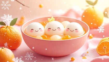 Cute smiling tangyuan dessert in warm orange soup with mandarins and snowflakes, a cozy, festive illustration capturing the joyful spirit of Dongzhi Festival