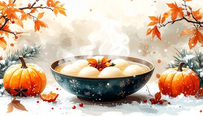 A warm bowl of sweet Tangyuan celebrating the traditional Chinese Dongzhi Festival with autumn leaves and pumpkins