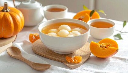 Delicious Tangyuan glutinous rice balls in a sweet soup, a traditional Chinese dessert for the Dongzhi Festival celebration