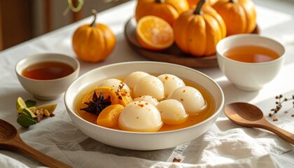 Delicious Dongzhi Festival dessert of tangyuan and fruits in a bowl, served with tea and autumn harvest decorations