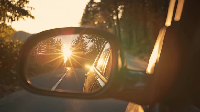 Sunset reflection in car side mirror along a winding road in autumn