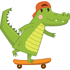 Green Cartoon Alligator Wearing An Orange Baseball Cap Riding An Orange Skateboard With A Transparent Background