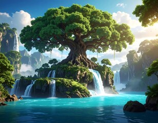 A fantasy scene with a colossal tree atop a rocky island, surrounded by cascading waterfalls and turquoise waters. Sunlight bathes the area