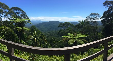 Panoramic View of Lush Tropical Rainforest Canopy Under a Clear Blue Sky.