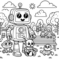 Naklejka premium Robot and friends in the park coloring page with children and toy robots on a sunny day outdoors