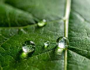 Close-up shows glistening water droplets sitting on a vibrant green leaf, crisp details