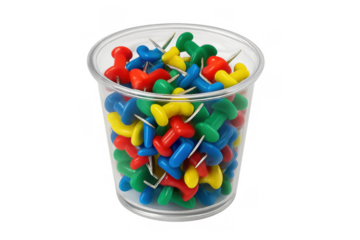 Many vibrant pushpins in a transparent plastic container, essential office supplies for pinning notes and organizing tasks. Transparent background