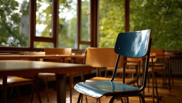 Empty classroom with chairs and tables near window