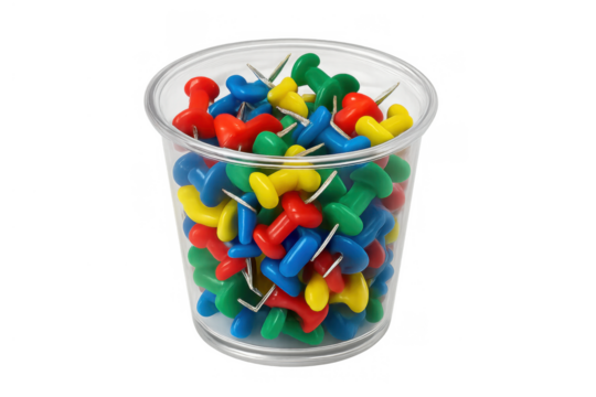 Many vibrant pushpins in a transparent plastic container, essential office supplies for pinning notes and organizing tasks. Transparent background