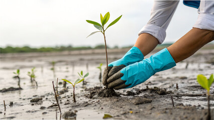 Planting mangroves tree conservation environmental protection ecosystem restoration project