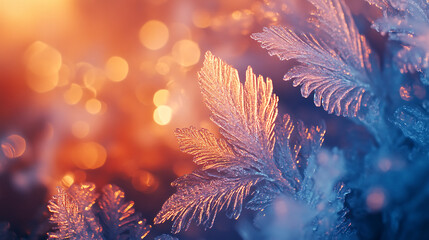 Stunning macro view of icy frost crystals glowing with warm, golden sunlight