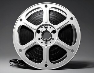 Close-up view of a silver film reel, with visible film, against a grey background