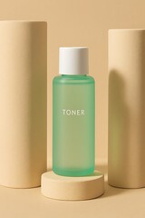 Minimalist photo of a mint green glass toner bottle set between smooth beige pillars, warm neutral studio tones, ideal for skincare branding and ads.
