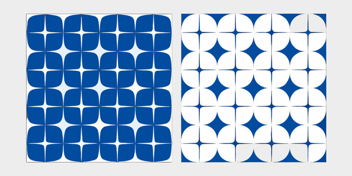 Geometric mid century modern starburst pattern design in blue and white