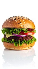 Close-up view of a veggie burger with lettuce, tomatoes, cheese, and onion on a bun
