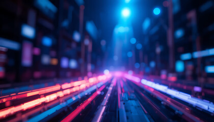 Obraz premium Futuristic Neon Data Center with Glowing Fiber Optic Lines, Server Racks, and Blue Light for Digital Technology Themes, 4K image 