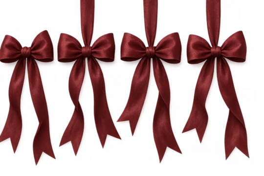 Hanging a set of four red satin bows with ribbon ends creating festive decorations on a transparent background