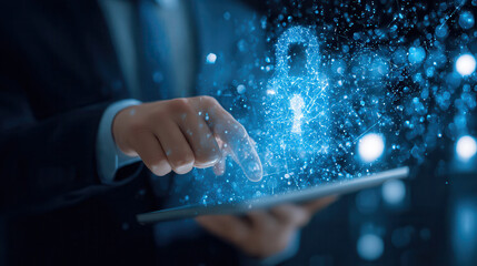 Digital security and cybersecurity concept with glowing lock symbol