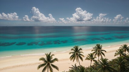 A picturesque high-angle view of a pristine tropical beach, famously identified as Anse Source d'Argent in the Seychelles. The scene features wide stretches of powdery white sand, a clear,