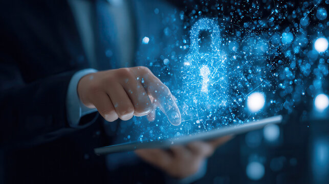 Digital security and cybersecurity concept with glowing lock symbol