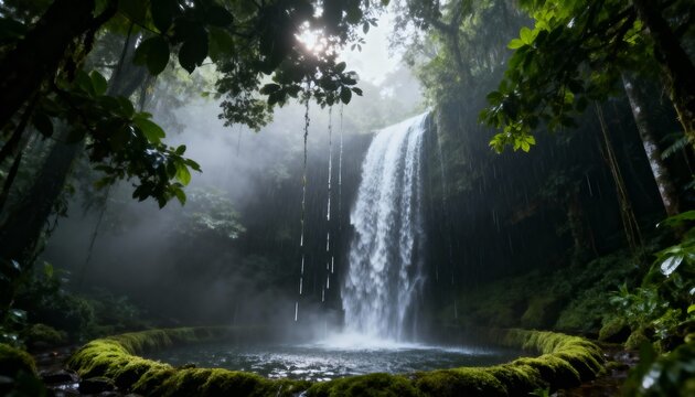 Lush Jungle Waterfall with Mossy Pool and Mist