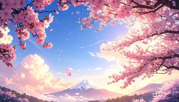 Digital painting of a scenic spring view featuring cherry blossoms, mountain, and a vast blue sky with fluffy clouds