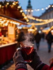 Hands Holding Steaming Mulled Wine at Christmas Market