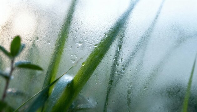 Fogged greenhouse windows with condensation and blurred plants, soft light, nature photography