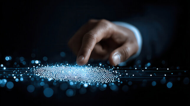 Fingerprint scan on futuristic digital interface with glowing lights