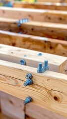 Close-up view of a wooden beam structure secured with bolts, showing construction detail