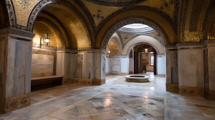 Opulent interior of a historical religious sanctuary featuring intricate gold mosaics on vaulted ceilings marble walls and arched doorways