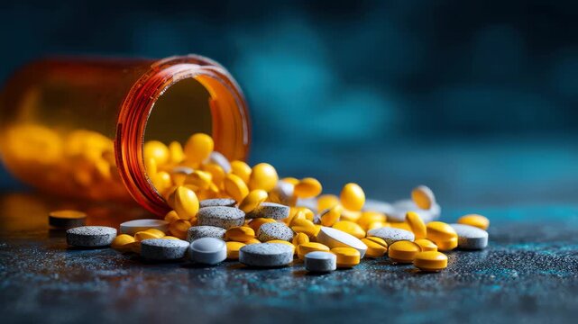 Prescription opioid bottle spilling pills on dark surface creating a dramatic scene focusing on potential substance misuse and its impact
