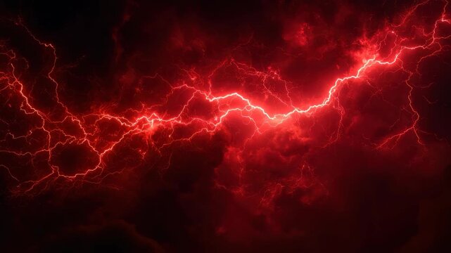 Electric red lightning strikes through dark clouds during a dramatic thunderstorm in the night sky, illuminating the atmosphere with vivid energy and raw power