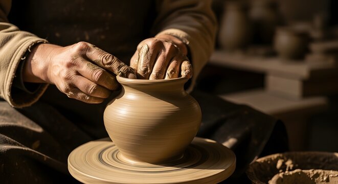 Hands of a potter skillfully shaping a wet clay pot on a spinning pottery wheel in a workshop. - Powered by Adobe
