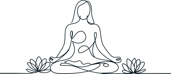 Woman Meditating in Lotus Pose Continuous Line Drawing  Minimalist Yoga Vector