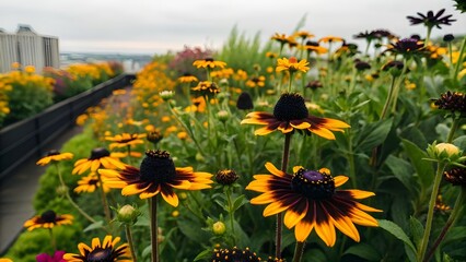 Blooming Rooftop Garden Where Every Flower Displays Black Petals Dusted With Gold Pollen, Blending Natural Beauty, Urban Elegance, And The Dazzling Contrast Of Life And Luxury