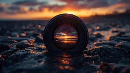 Stunning Sunset Reflected Through a Camera Lens Resting on a Rocky Beach Shoreline