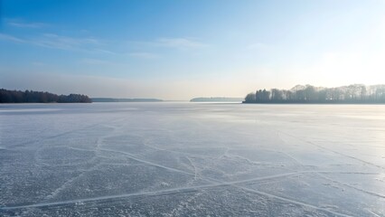 Frozen Lake Surface Etched Subtly With Perfectly Round Sale‑Sticker Shapes Of Frost, Juxtaposing Natural Beauty And Fleeting Consumer Symbols In A Serene Yet Thought‑Provoking Winter Scene