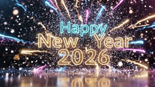 Happy New Year 2026 scene glowing neon text floating in a blue dark background,