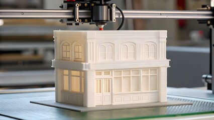 3D Printer Constructing Miniature Store Façade From Translucent Resin Filament, Showcasing Modern Manufacturing Precision, Innovative Design, And The Future Of Industrial Creativity